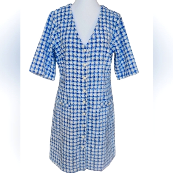 Melonie T Dresses & Skirts - Melonie T Tweed Dress Womens Size 14 Blue White Pattern Button Front Work Preppy